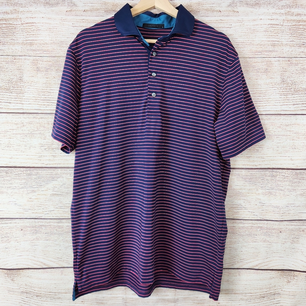 Greyson Men's Large Striped Golf Polo Shirt Blue Pink Short Sleeve